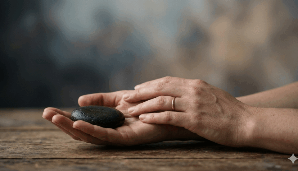 Detailný záber na ženské ruky držiace hladký kameň ako symbol ukotvenia a pokoja v hmle.