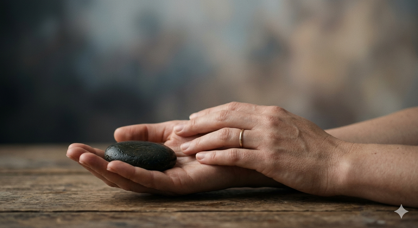 Detailný záber na ženské ruky držiace hladký kameň ako symbol ukotvenia a pokoja v hmle.