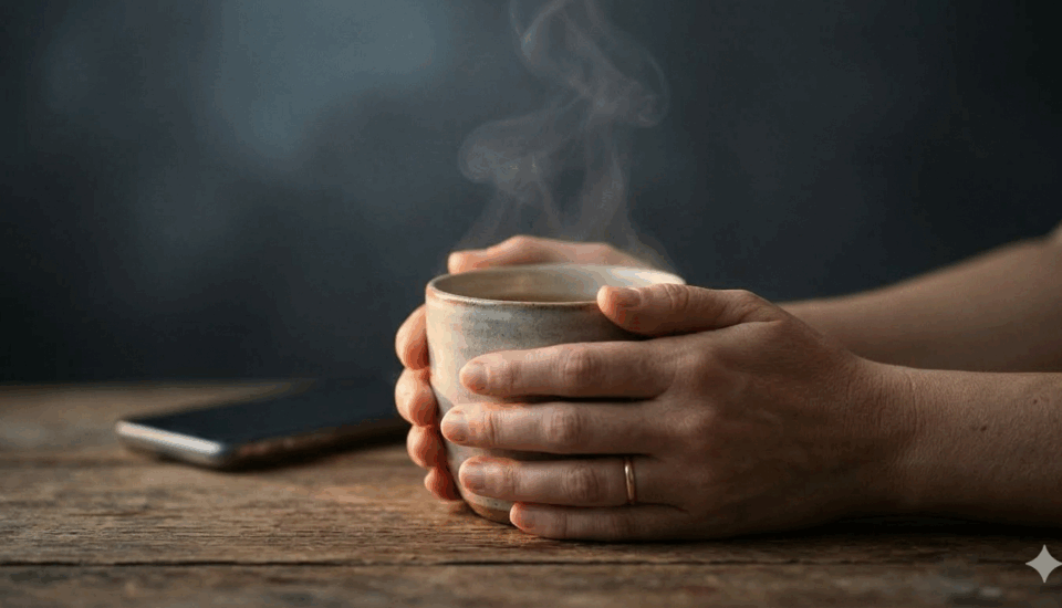 Detailný záber na ženské ruky jemne objímajúce teplú keramickú šálku, z ktorej stúpa para, a odložený mobil displejom dole, symbolizujúci bezpečie, ticho a schladenie preťaženého systému.