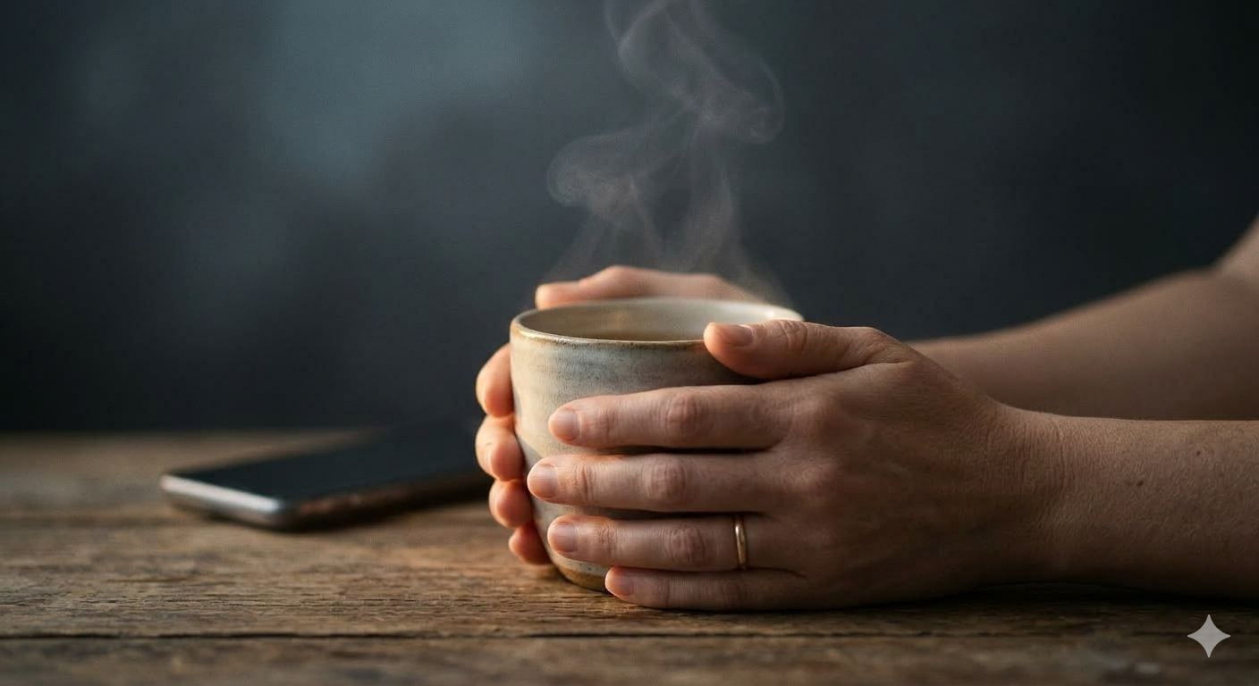 Detailný záber na ženské ruky jemne objímajúce teplú keramickú šálku, z ktorej stúpa para, a odložený mobil displejom dole, symbolizujúci bezpečie, ticho a schladenie preťaženého systému.
